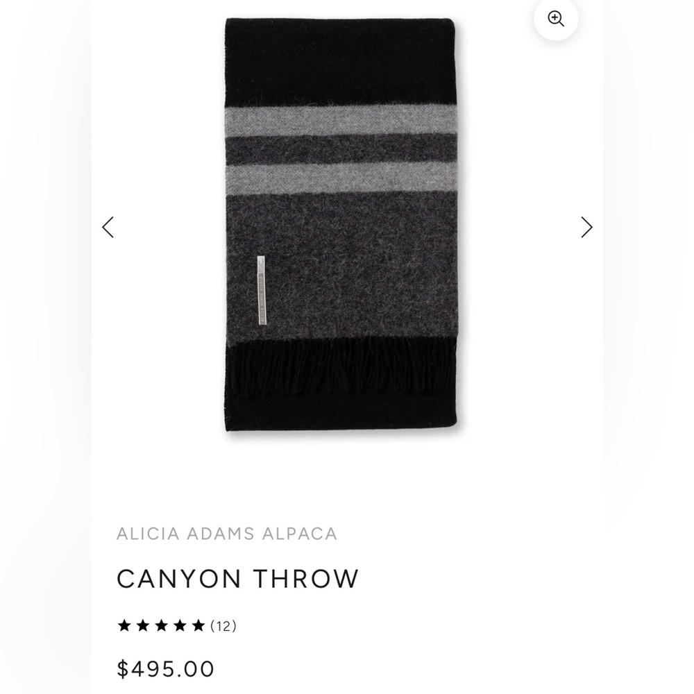 New with Tags Alicia Adams Alpaca Canyon Throw Black and Gray